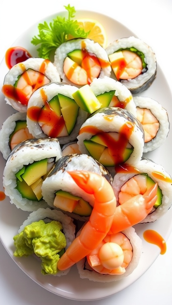Delicious homemade sushi rolls with avocado, cucumber, and shrimp, served with soy sauce and wasabi.